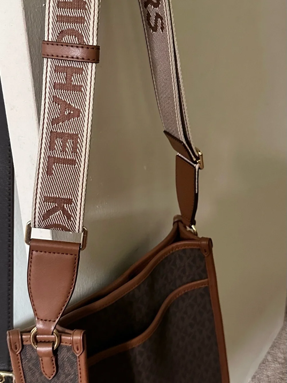 Michael Kors Brown Tan Monogram Crossbody Bag with Logo Strap